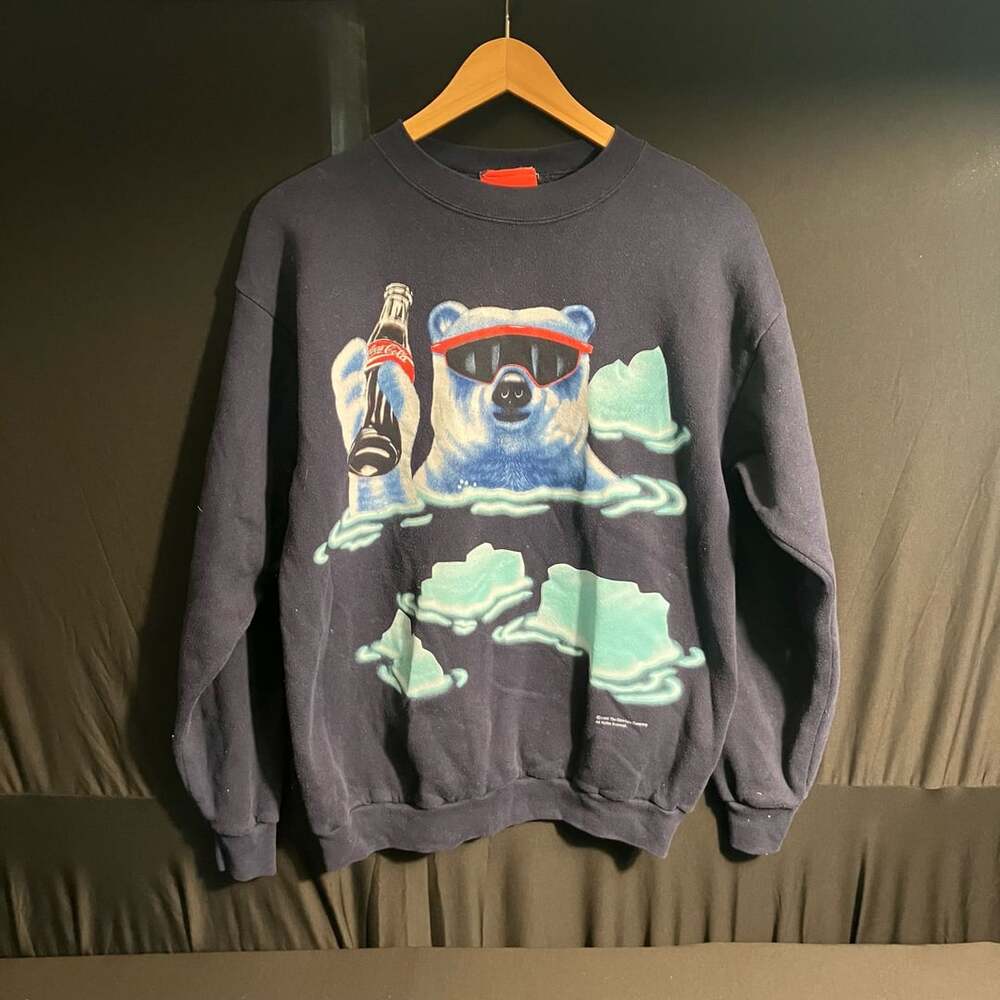 Vintage 1990s Coca-Cola Polar Bear Ski Goggles Graphic Dark Navy Blue Sweatshirt